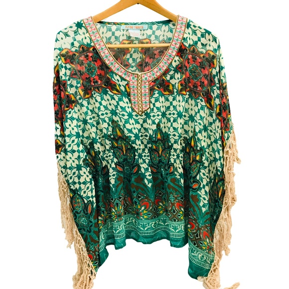 Flying Tomato Tops - Flying Tomato Green Print Poncho Fringe Sheer Top